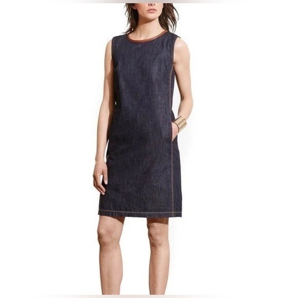 Lauren Ralph Lauren Dresses & Skirts - Lauren Ralph Lauren Dark Blue Denim Leather Trim Sleeveless Sheath Dress Size 8